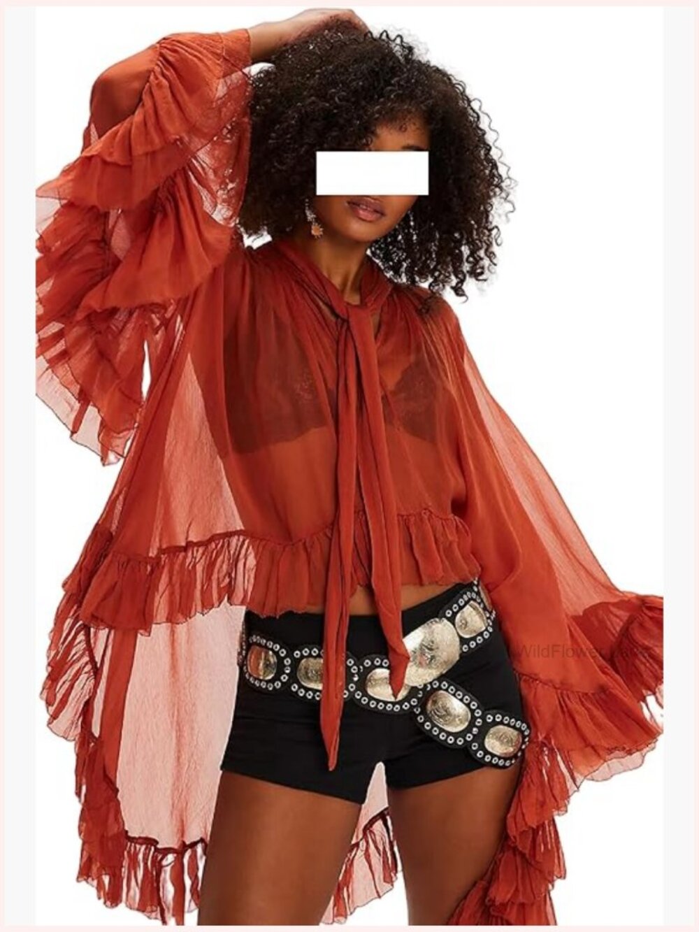 Long Bell Sleeve Flowy Top Sheer Mesh Blouse Cape Chiffon High Low Hem Ruffled - Picture 1 of 4